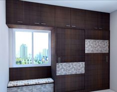 an empty room with wooden cabinets and white tile flooring, along with a window overlooking the city