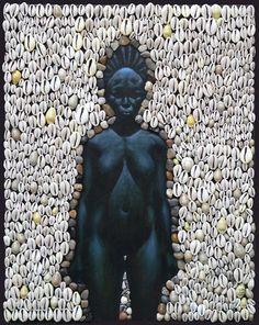 a painting of a man standing in front of some nuts and beans on the ground