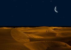 two people are walking in the sand dunes at night with the moon and stars above them