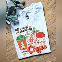 Super Cute Tee. On Gildan Adult Unisex 50/50 Ash Grey Tee Shirt. Made With Sublimation. Ships Within 3 Business Days. Coffee And Christmas, Ladies Cut, Coffee Shirt, Winter Shirts, Vinyl Shirts, Coffee Shirts, Christmas Coffee, Sewing Trim, Christmas Tees