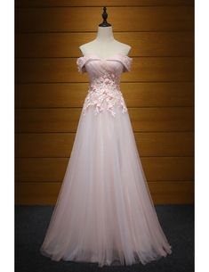 Blush A-line Off-the-shoulder Floor-length Tulle Prom Dress With Appliques Lace Lace Long Prom Dress, Prom Dress Lace, Flower Prom Dress, Prom Dresses Long Pink, Lace Evening Dress, Dress Display, Prom Dresses 2018, Tulle Evening Dress, Prom Dresses 2019