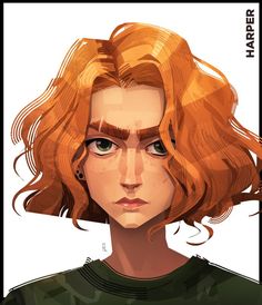 a drawing of a woman with red hair and green shirt looking at the camera while she's staring straight ahead