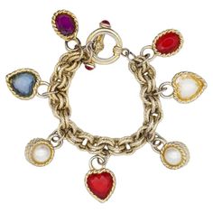 Givenchy Vintage 1980s Gripoix Pearl Heart Oval Red Blue Purple White Bracelet. Gold Tone. Good condition. Some light scratches or colour loss, especially at the chain. 100% genuine. Toggle clasp is outfitted with two red glass cabochon endings. Givenchy logo hang Tag is missing. Size: 20 cm. Pendant: 2.5*2 cm. Weight: 95 g. _ _ _ Great for everyday wear. Come with velvet pouch and beautiful package. Makes the perfect gift for Teens, Sisters, Friends, Girlfriends, Birthdays, Anniversaries, Mothe Givenchy Bracelet, Givenchy Logo, White Bracelet, Vintage Charm Bracelet, Julien Macdonald, Pearl Heart, Bee Pendant, Bleu Violet, Hand Bracelet