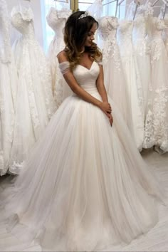 Off The Shoulder Tulle Sweetheart White Wedding Dresses Bridal Gown-Pgmdress White Tulle Wedding Dress, Sweetheart Wedding Gown, Off White Wedding Dresses, Ivory Wedding Gown, Elegant Bridal Gown, Bridal Ball Gown, Sweetheart Wedding Dress, Ivory Wedding, Tulle Wedding