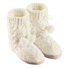 These Stylish Slipper Booties Will Keep Your Feet Warm During The Cold Winter Days And Nights. Featuring A Soft Cable Knit Design With The Added Sparkle Of Lurex Threads, They Have Flexible, Skid-Resistant Soles And Pom-Pom Accents. Available In 3 Colors. Spot Clean. Acrylic And Polyester; Imported. Choose: Royal Blue, Ivory Or Black. Available In Women's Shoe Size: Medium (7-8), Large (9-10), Or X-Large (10-11). Hanging Pom Poms, Bootie Slippers, Quilted Boots, Knitted Booties, Collections Etc, Faux Fur Slippers, Knitted Slippers, House Shoes, Slipper Boots