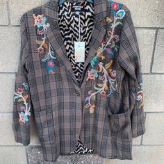 Brown Plaid Embroidered 62% Cotton/38% Viscose 21" Pit To Pit Note: This Is Not A Heavy Blazer Despite The Name! Rock Chick Style, Rock Chick, Upcycled Fashion, Brown Plaid, Johnny Was, Blazer Suit, Suit Jacket, Jackets & Coats, Jackets For Women