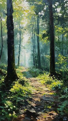 a painting of a path in the woods with sunlight coming through trees and leaves on the ground