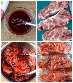 the process for making barbecue ribs is shown in four different pictures, including meat being cooked and marinated