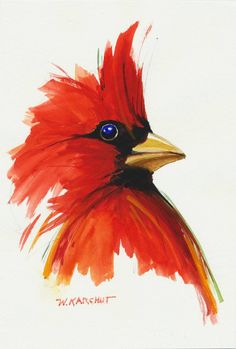 a painting of a red bird with blue eyes