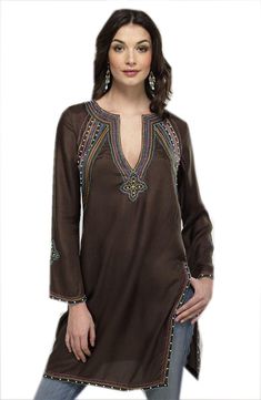 Women Brown Cotton Tunic with stones and beads work /Neck Embroidered Top / Casual Dress / Ladies Tunic Top / Party Dress / Sum ✔This Tunic dress is made from 100% Cotton. ✔High-quality soft fabric makes you feel soft and comfortable. ✔It's a casual style, suitable for leisure, party and special occasions. ✔The pattern of the dress makes it eye-catching. ✔ Mid-thigh length dress. ✔ Neck embroidery work with stones and beads ✔ Sleeve: Bracelet sleeve; ✔ Gentle Hand Wash ---- Custom orders are ava Tunic Kurti, Long Sleeve Embroidered Dress, Moda Hippie, Indian Tunic, Stil Boho, Summer Tunics, Estilo Hippie, Salwar Kamiz, Women Tunic Tops