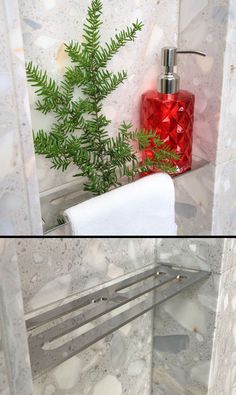 Two images of the Redblock Shower Niche shelf; one over the other with xmas theme. Shower Niche Shelf, Niche Shelf, Niche Shelves, Tile Shower Niche, Bathtub Surround, Custom Tile Shower, Dream Shower, Steel Bathroom, Shower Niche