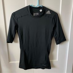 Nwot Adidas Compression Top Sporty Fitted Black Shirt, Black Fitted Sporty Shirt, Adidas Stretch Moisture-wicking Tops, Adidas Fitted Long Sleeve Activewear, Adidas Moisture-wicking Stretch Tops, Black Adidas Tops For Sports, Adidas Activewear Crew Neck, Adidas Functional Crew Neck Activewear, Adidas Crew Neck Functional Activewear