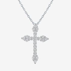 This Yes, Please! cross pendant necklace will be an elegant addition to your jewelry collection. Made from Sterling Silver, it features a cross pendant set with Lab Created White Sapphires on a cable chain. Wear it with a pair of stud earrings from the brand. Features: Religious Jewelry, In A Gift BoxJewelry Closure: Spring Ring ClaspSetting: ProngShape: CrossStone Cut: RoundStone Millimeter Measurement: 2 Mm Width, 2 Mm LengthMetal Color: WhiteChain Length: 18 InchChain Width: 1.2 MillimetersCh White Cross Pendant Necklace With Clavicle Chain, White Cross Necklace With Clavicle Chain, White Gold Cross Necklace With Clavicle Chain, Clavicle Chain Cross Necklace, White Cross Necklace, Sterling Silver Cross Pendant, Silver Cross Pendant, Sterling Silver Cross, Cross Pendant Necklace