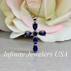 Pear Shape Cross Necklace / Six Stone Blue Sapphire Necklace / Pear Shape and Round Necklace / 18" Cable Chain / 14k White Gold / #6073 #AnniversaryGift #WeddingGift #MothersDay #EngagementGift #pendant #BaptismGift #PearShapeCross #CrossNecklace #SapphireCross #HolidayGift Blue Sapphire Necklace, Head Chain, White Gold Set, Round Necklace, Sapphire Necklace, Sapphire Stone, Keep Jewelry, Pear Shape, Cable Chain