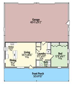 the floor plan for a two story house with an attached garage and living room area