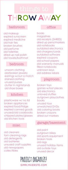 A great room-by-room list of things to throw away to help your home feel clean and uncluttered! It will make all the difference! Easy Home Organization, Organisation Hacks, Organize Declutter, Moving Tips, Book Book, Cleaning Checklist, Cleaning Schedule