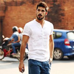 Casual White V-neck Shirt, White V-neck Casual Shirt, White Solid Color, Short Sleeve Linen Shirt, Mens Shorts Summer, Mens Fashion Smart, Linen White, Mens Short Sleeve Shirt, Solid Color Shirt