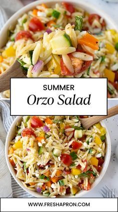 two pictures with different types of salad in them and the words summer orzo salad