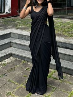 #fashion #aesthetic Farewell Sare Ideas, Black Saari Aesthetic, Satin Black Saree, Black Blouses For Saree, Black Satin Saree Look, Black Farewell Saree, Black Saree Farewell, Farewell Sarees Black, Black Sarees For Farewell