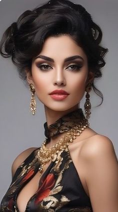 a woman in a black dress with gold jewelry on her neck and chest, posing for the camera