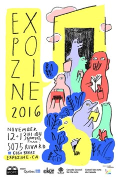 the poster for expo zone one 2016 is shown in blue, yellow and green colors