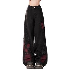 Black with Red Butterfly Jeans These Black with Red Butterfly Jeans are stylish and unique, making them a perfect addition to your wardrobe. The classic black color is accented with bold red butterfly designs, adding a playful touch to your look. Made with high-quality materials, these jeans offer both comfort and fashion. Size:S: Waist: 64cm/ 25.2 in, Hips: 90cm/ 35.4 in, Length: 101cm/ 39.8 inM: Waist: 68cm/ 26.8 in, Hips: 94cm/ 37.0 in, Length: 102cm/ 40.2 inL: Waist: 72cm/ 28.3 in, Hips: 98cm/ 38.6 in, Length: 103cm/ 40.6 inMaterial: Denim Aesthetic Black And Red Outfit, Red Black Outfit, Butterfly Pants, Punk Style Outfits, Aesthetic Streetwear, Alt Clothes, Jeans Y2k, Red Butterfly, Kawaii Fashion