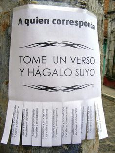 a sign posted on the side of a pole that says, totem un vesso y hagallo suyo