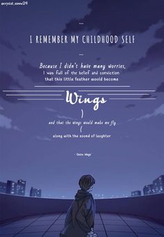 an anime poster with the words wings written on it, and a person standing in front of