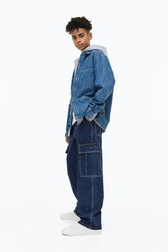 Easy pull-on  loose-fit joggers in washed  cotton-blend denim. Elasticized waistband with drawstring and mock fly. Diagonal side pockets  back pockets  and bellows leg pockets with flap and hook-loop fastener. Straight legs. Fitted Joggers, M Beauty, Cargo Joggers, Bellows, Dark Denim, Denim Blue, Fashion Company, Smocking, Blue Denim