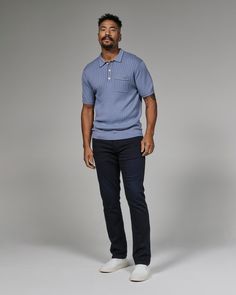 A pullover knitted sweater polo with complimentary contrast stitching at collar, pocket, sleeves, placket and bottom hem. Dress it up with a tailored jacket or keep it casual as you wear it solo. Details Models is 6'1" and wears a size medium. Care: Machine wash cold on delicate cycle with similar colors. Do not bleach. Do not tumble dry. Iron on low. Dry flat. Do not dry clean. Composition: 40% Viscose | 30% Recycled Polyester | 30% Nylon | 7DIAMONDS Men's Enzo Sweater Polo Shirt in Med Blue | Size Medium | Polyester/Nylon Sweater Polo, Family Shoot, Tailored Jacket, Knitted Pullover Sweaters, Hem Dress, Contrast Stitch, Knitted Sweater, Stripe Sweater, Lifestyle Brands