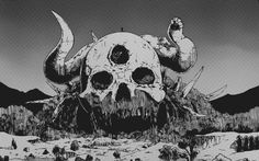 a black and white drawing of a giant skull in the middle of a snowy landscape