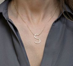 "This listing is for high quality 14k or 18k SOLID gold large initial necklace. you can choose plain initial or initial with birthstones. Your necklace will be handmade after your order. PLEASE LEAVE YOUR INITIAL IN THE NOTES AT THE CHECKOUT Initial on the picture is 1 inch and 1.23mm thick. Model on the photo wears 17 inch necklace. If you would like to have necklace longer than 18 inches there is 16$ extra fee per inch. Item info: 14k or 18k rose/white or yellow SOLID gold chain 14k or 18k ros White Stone Necklace, 14k Gold Initial Necklace, Diamond Cross Necklace Gold, Diamond Circle Necklace, Gold Initial Necklace, Initial Necklace Gold, L Alphabet, Dangle Necklaces, Solid Gold Chains