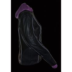 Milwaukee Leather ML2067 Women's 3/4 Black and Purple Leather Hoodie Jacket with Reflective Tribal Design Outside Features Made of Butter Soft Naked Cowhide 1.0mm Thick Leather Front Zipper Closure Embroidered Chest Tribal Design with Colored Contrast Stitching Full Chest, Arm and Shoulder Blacked Out Highly Reflective Piping Ventilation System: 2 Chest Vents, 2 Shoulder Vents and 2 Back Vents All with Zipper Closure Side/Hip Expandable Material Panel for Comfort Movement Lower Back Extension Zi Fitted Long Sleeve Leather Jacket For Outdoor, Fitted Biker Jacket With Detachable Hood For Streetwear, Sporty Fitted Leather Jacket With Long Sleeves, Winter Sporty Fitted Biker Jacket, Fitted Biker Hooded Jacket With Long Sleeves, Sporty Fitted Leather Jacket For Fall, Sporty Fitted Outerwear With Adjustable Hood, Fitted Biker Jacket With Contrast Stitching And Long Sleeves, Casual Fitted Biker Jacket With Detachable Hood