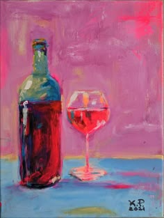 a painting of a wine glass and bottle