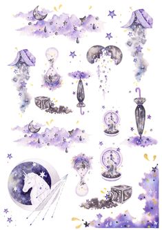 watercolor drawing of various items in the shape of stars and clouds with unicorns on them