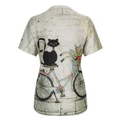 Whisker Me Away Jump into summer with a new addition to your wardrobe. Our Cat on a Bicycle T-Shirt is a lighthearted and playful t-shirt that sports a crew neck with short sleeves you can also rollup if you like. Dress it up or casual, fits whatever your mood. Easy to care for polyester print. What are you waiting for? Please check the size chart Summer Cotton T-shirt With Cat Design, Summer Graphic Tee With Cat Design, Summer Cotton T-shirt With Cat Print, White Cat Design T-shirt For Summer, Summer Crew Neck T-shirt With Cat Print, Summer Cat Print Crew Neck T-shirt, White Summer T-shirt With Cat Design, Spring White T-shirt With Cat Design, Casual Short Sleeve T-shirt With Cat Print