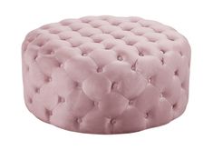 a round pink ottoman with buttons on the front and back legs, sitting in front of a white background