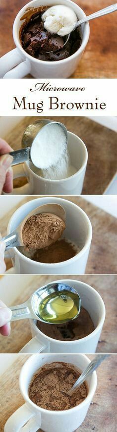 three pictures showing how to make homemade chocolate mug brownies