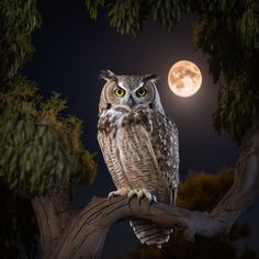 an owl sitting on a tree branch with the moon in the background