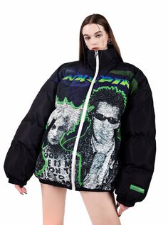 Edgy oversized puffer jacket in black with bold green accents. Features large graphic prints of punk rock icons on the front panels. Full-zip closure with a high collar for added warmth. Baggy silhouette offers a street-style aesthetic. Perfect for alternative fashion enthusiasts, punk rock concerts, or making a statement in cold weather. Material Info100% polyester fiber Model info Height: 176cm Weight: 46kg Wearing size: M Urban Puffer Jacket With Zipper For Streetwear, Edgy Graphic Print Outerwear For Concerts, Alternative Graphic Print Outerwear, Hooded Punk Outerwear With Graphic Print, Punk Hooded Outerwear With Graphic Print, Casual Graphic Print Outerwear For Concerts, Black Zipper Closure Outerwear For Concert, Urban Green Puffer Jacket, Winter Grunge Outerwear With Graphic Print