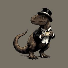 a dinosaur in a tuxedo and top hat with a cup of coffee on his hand