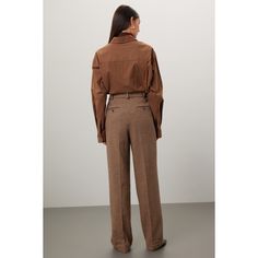 Brown plaid knit (43% Cotton, 40% Wool, 14% Nylon, 3% Other Fiiber). Lining (100% Viscose). Pants. Front zipper closure. 32" inseam. 12.5" rise. 24.5" leg opening. Imported. Fall Wide Leg Straight Pants With Welt Pockets, Fall Office Bottoms With Welt Pockets, Fall Bottoms With Welt Pockets, Brown Bottoms With Welt Pockets For Fall, Fall Business Casual Wide Leg Pants With Belt Loops, Office Pants For Fall Full Length, Tailored Pants With Pockets For Fall, Fall Office Pants With Welt Pockets, Wide-leg Pants With Welt Pockets For Fall