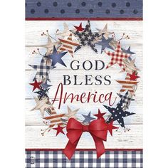 an american flag wreath with the words god bless america written in red, white and blue