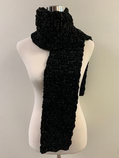 Crochet Velvet Scarf, Black Crochet Scarves For Winter, Saint Scholastica, Scarf Crocheted, Boho Beanie, Really Short Hair, Velvet Scarf, Crochet Winter, Black Scarf