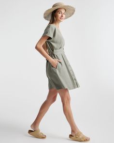 You finally found the perfect everyday summer dress. This soft, breezy, A-line dress buttons up the front, ties at the waist, and even has a hidden clasp (you know, for those days that require a little modesty).  | Quince | Women's Vintage Wash Tencel Button Front Dress in Olive, Size Large Summer A-line Dress With Tie Fastening, Casual V-neck Mini Dress With Tie Fastening, Summer Mini Dress With Tie Fastening For Day Out, Belted Mini Dress For Summer Daywear, Summer Belted Dress For Daywear, Summer Daywear Belted Dresses, Summer A-line Belted Wrap Dress, Knee-length Tie Waist Mini Dress For Vacation, Summer Mini Dress With Tie Fastening For Daywear