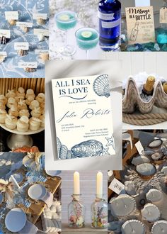 a collage of pictures with blue and white items on them, including candles, cards, plates, and other things