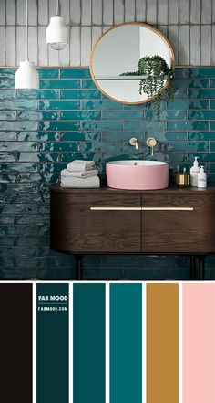 a bathroom with blue, green and pink colors on the walls is featured in this article