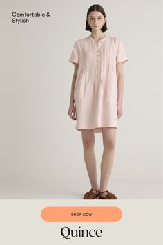 Short-sleeved, relaxed style. Super versatile and easy to wear. Featuring pin-tucking up top, shell buttons, and pleat detailing. Our linen collection is made from 100% European flax linen—an eco-friendly, and resource-light material.  | Quince | Women's 100% European Linen Short Sleeve Swing Dress in Pale Pink, Size Medium Linen Short, European Linens, Organic Linens, Pin Tucks, Linen Women, Relaxed Style, Swing Dress, How To Wear