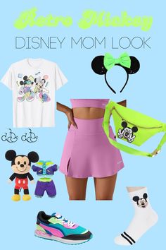 the disney mouse outfit is shown with mickey ears and other items for her to wear