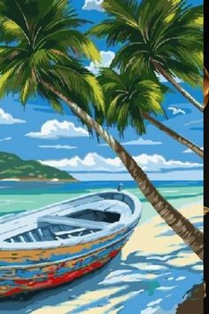 a painting of a boat on the beach with palm trees in the foreground and an island in the background